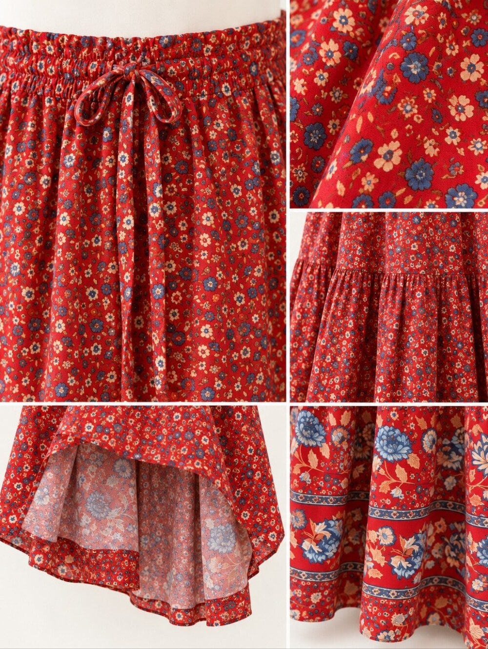 ZESICA NWT Red Floral Border Print Tiered Boho Maxi Skirt | Size XL - Picture 4 of 9